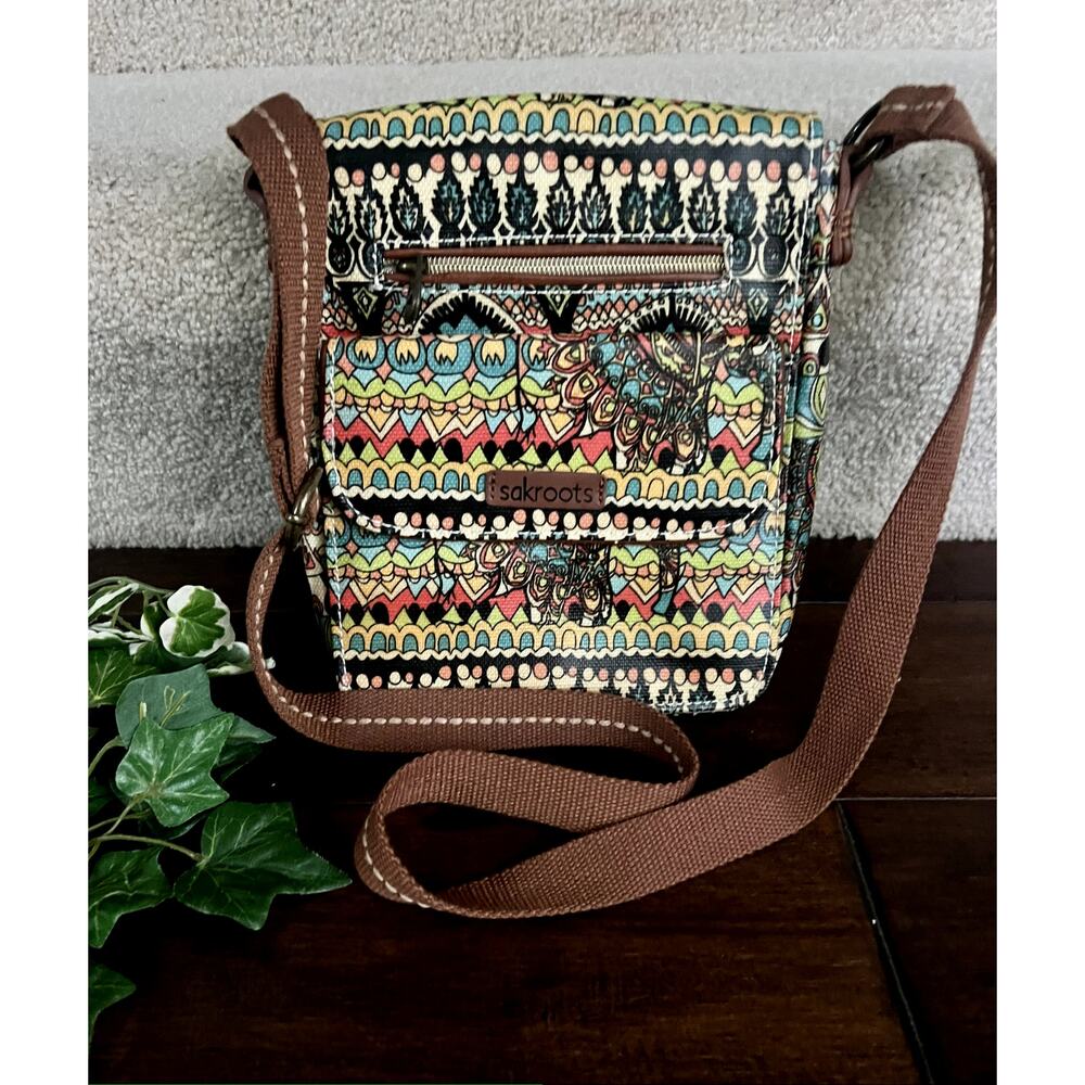 Sakroots coated canvas artistic multi-color crossbody bag